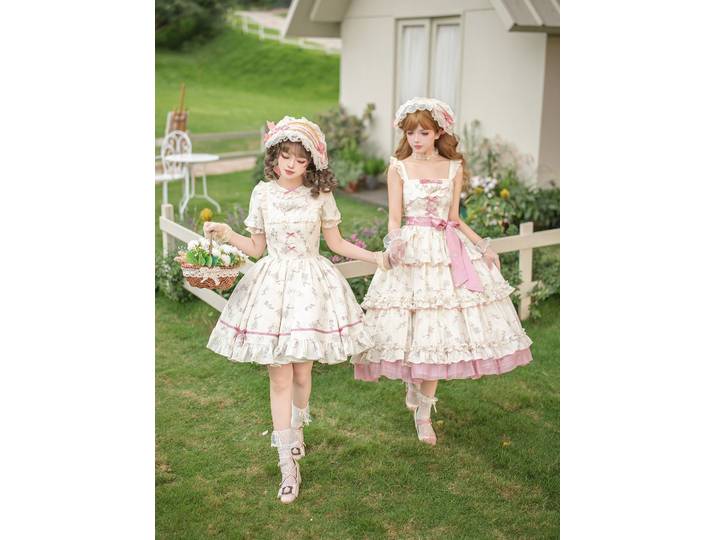 Robe Lolita OP/JSK florale avec broderie Puji « Lettre et Poème », style japonais, pour fête du thé, ensemble robe princesse douce.
