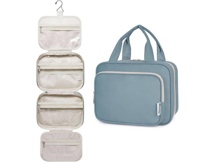 Kulturtasche zum Aufhängen mit mehreren Fächern Graublau, Blau, 5x5x1 cm, Badaccessoires, Kosmetikdosen
