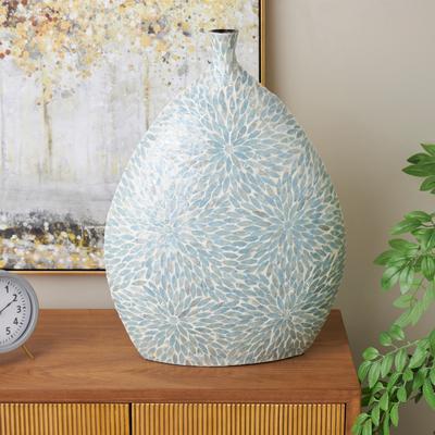 ARCILLA ELEMENTAL Light Blue Mother of Pearl Shell Handmade Large Mosaic Floral Decorative Vase with Cream Underlay