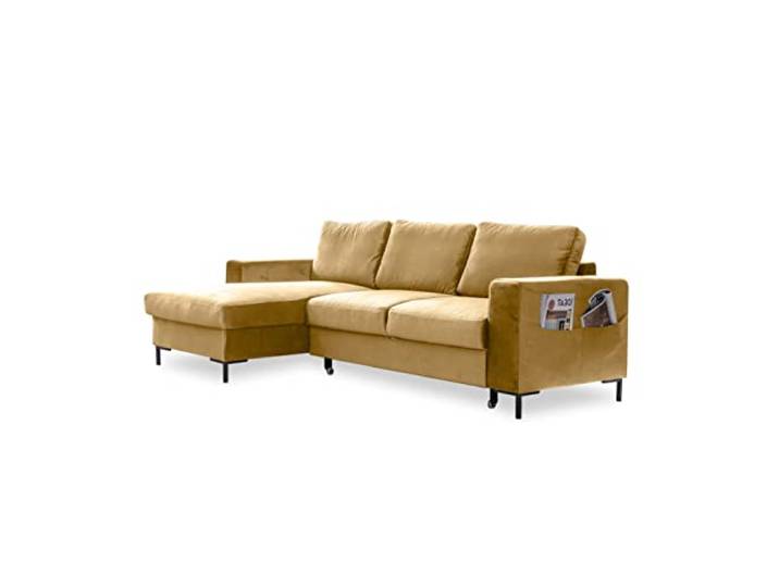 MIUFORM Ecksofa mit Schlaffunktion und Bettkasten Lofty Lilly Wohnladschaft Couch Schlafcouch Wohnzimmer Gästezimmer Samt-Stoff Metallfüße (Senfgelb, Links ausgerichtet)
