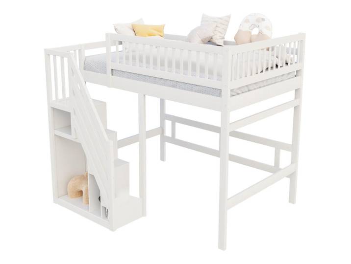 Redom Hochbett 140/200 cm mit Aufbewahrungstreppe und hohem Geländer, Weiß/Grau, 140x200 cm, Babymöbel & Kindermöbel, Kinderzimmer & Jugendzimmer, Kinderbetten, Hochbetten