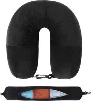 Inspire Picks Fillable U Shaped Travel Neck Pillow Velvet Pillowcase With Extra Storage Bag For Airplane Travel black