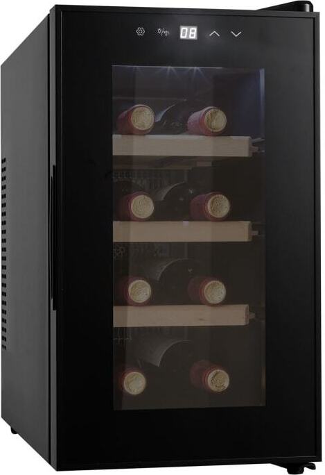 CAVIN Freistehender Weinkühlschrank - Northern Collection 8 Black | Peltiertechnologie | Kapazität 8 Flaschen | 5 bis 18°C | Glastür mit UV-Schutz | Holzregale | Kleiner schwarzer Kühlschrank | Leise mit 35 dB