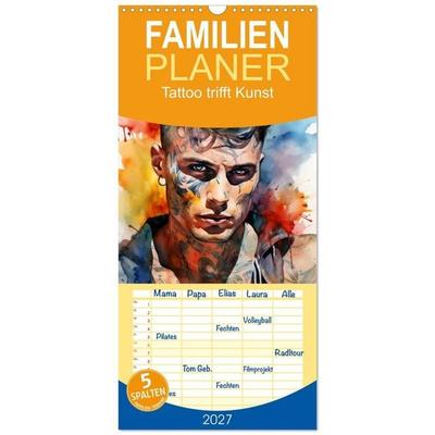 Familienplaner 2027 - Tattoo trifft Kunst mit 5 Spalten (Wandkalender, 21 x 45 cm) CALVENDO