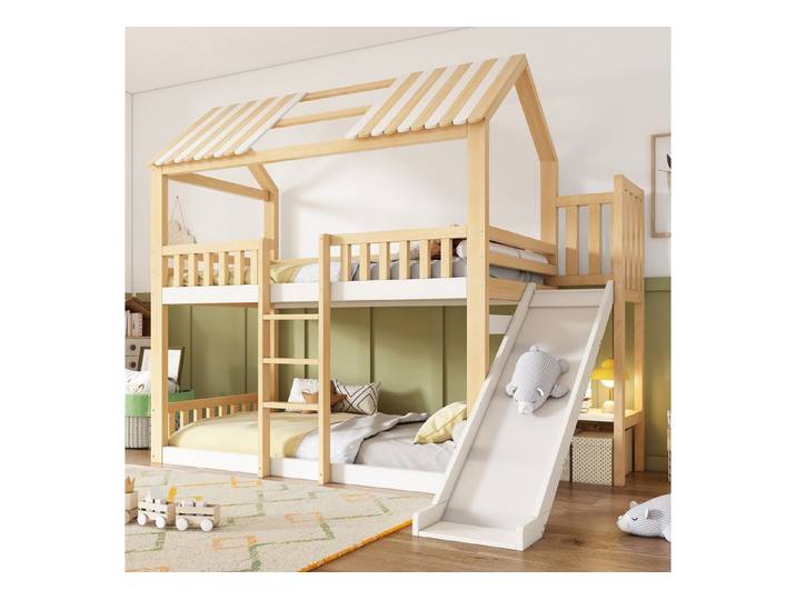 Flieks Etagenbett, Kinderbett Haus-Design 90×200cm mit Dach, Rutsche und Leiter