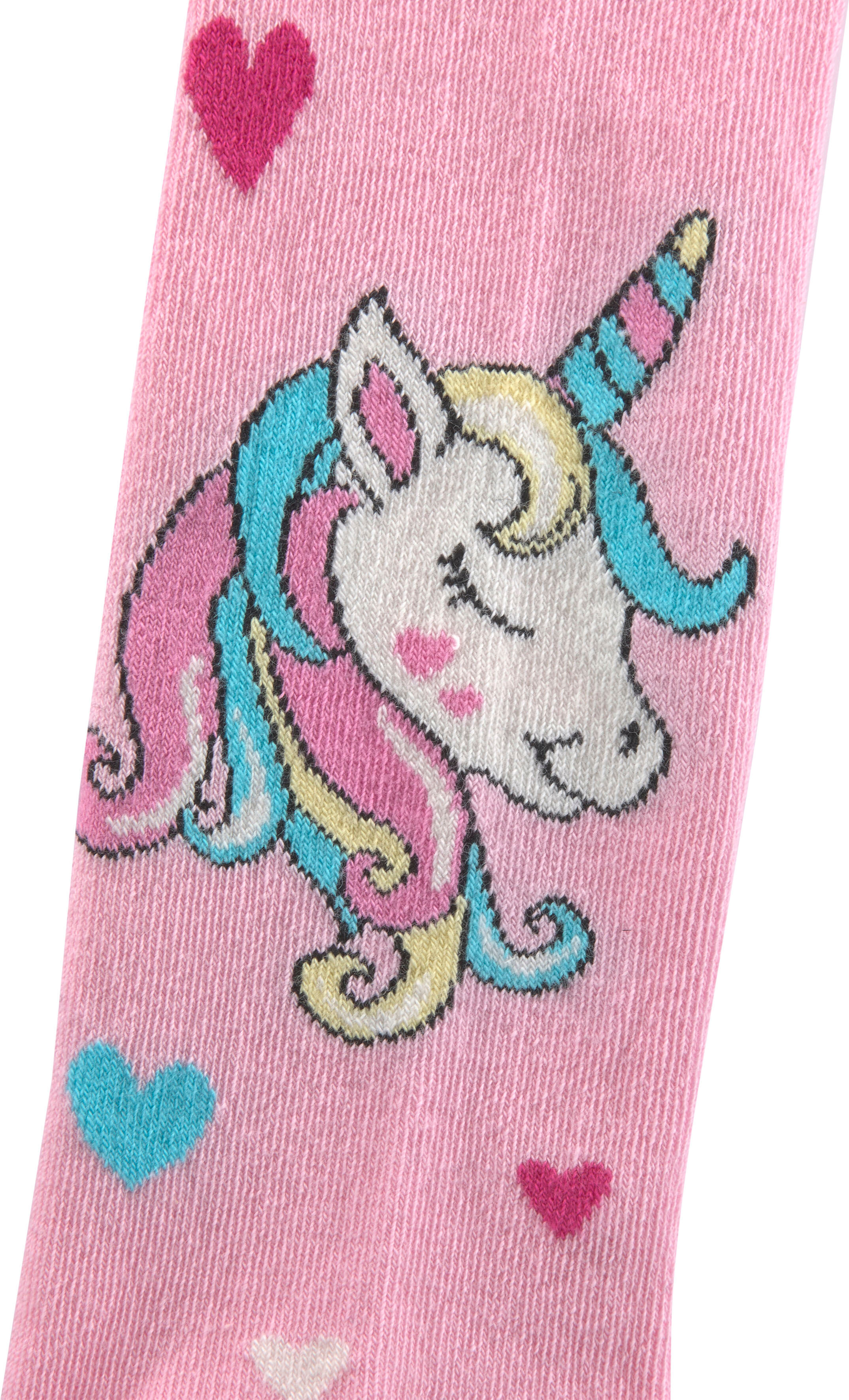 Strickstrumpfhose H.I.S "Mädchen Motiv Strumpfhosen", Mädchen, Gr. 92/98, bunt (marine, rosa, grau, melange), Obermaterial: 69% Baumwolle, 28% Polyamid, 3% Elasthan, mehrfarbig, elastisch, Strumpfhosen Strickstrumpfhose, mit eingestrickten Einhorn Motiven