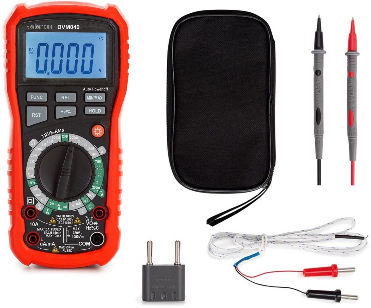Velleman Digitale Multimeter met contactloze spanningsdetectie en REL-functie, geschikt voor AC/DC-stroom, AC/DC-spanning, weerstand, frequentie, temperatuur en continuïteit, inclusief meetsnoeren