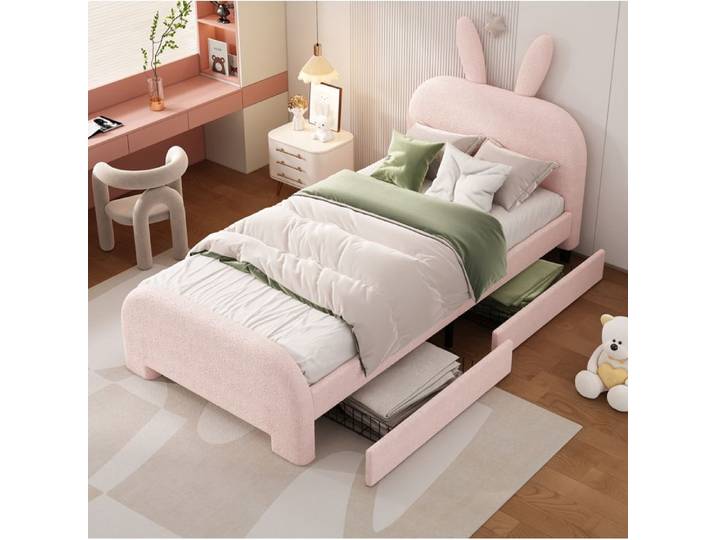 Lit enfant rose 90 × 200 cm en peluche avec tête de lit lapin et 2 tiroirs