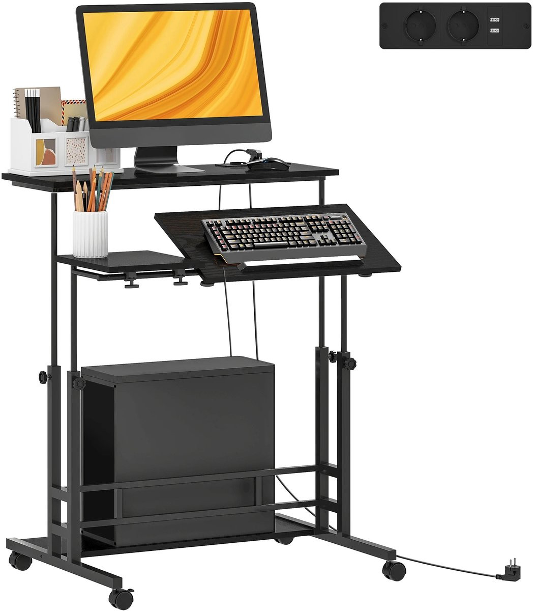 DeltaMerch Computertafel met laadstation en verstelbare hoogte van 59,5 tot 95 cm, Zwart