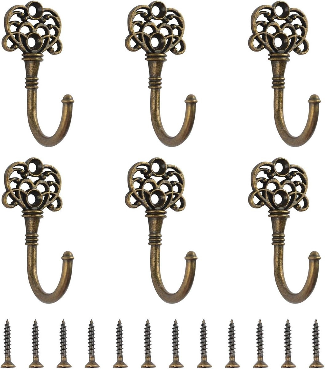 6 Stuks Muurhaken in Antiek Messing voor Sleutels, Kleding en Handtassen