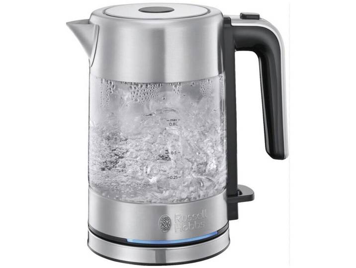 Russell Hobbs Wasserkocher Wasserkocher, Schwarz, Edelstahlfarben, Kunststoff, Glas, 0,8 l, 21x19x11 cm, automatische Abschaltung, Trockengehschutz, 360°-Sockel, Beleuchtung, Kochgeschirr, Küchengeräte, Wasserkocher