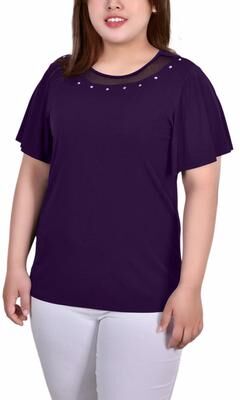 NY COLLECTION Short Sleeve Mesh and Stone Top
