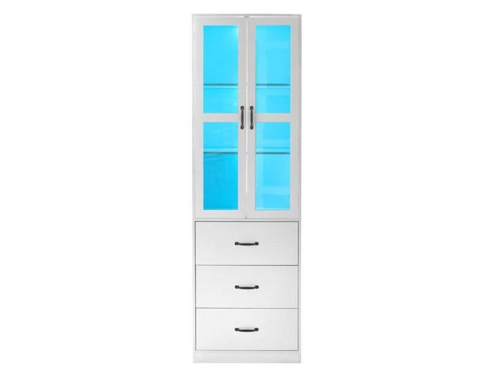 VUENOR Vitrine blanche 200 cm avec LED 2 portes acryliques 3 tiroirs