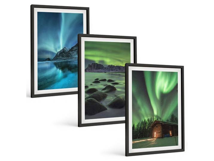 BILDER SET 3er Set - 40x60 cm Schwarzer Rahmen - Winterlandschaften, Nordlichter, Berge