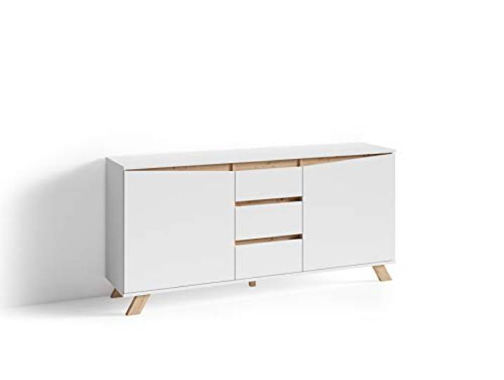 byLIVING Sideboard Valentin, Schrank mit 2 Türen und 3 Schubkästen Kommode matt weiß mit Absetzung in Eiche-Optik, Im Scandi-Style, Grifflos, B 160, H 80, T 38 cm