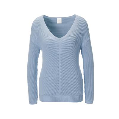 Longpullover MADELEINE "Pullover Langarm-Pullover mit V-Ausschnitt", Damen, Gr. 34, blau (bleu), Obermaterial: 100% Baumwolle CO., Modern, V-Ausschnitt, Pullover Longpullover, Markante Rippstruktur
