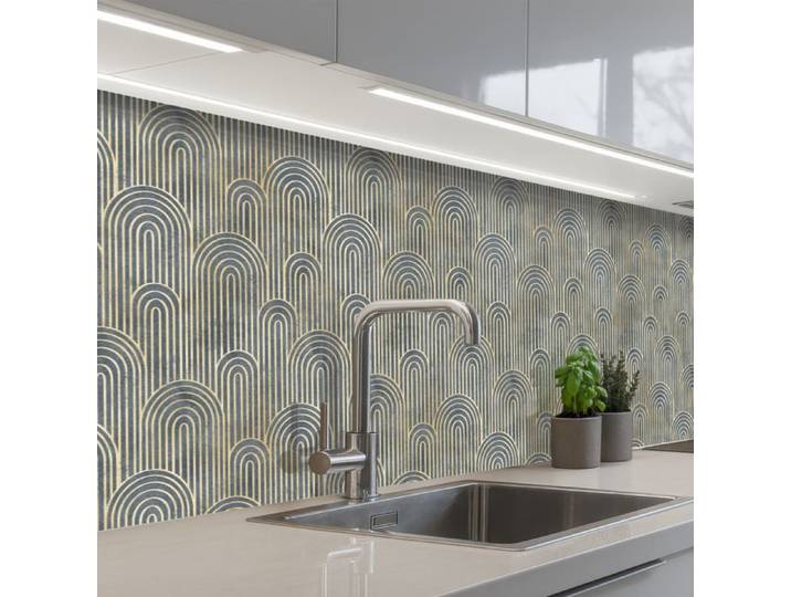 Crédence Décorative de Cuisine - Décoration Murale - Motif Noeud - Or - Bleu 250x60 cm - KitchenYeah