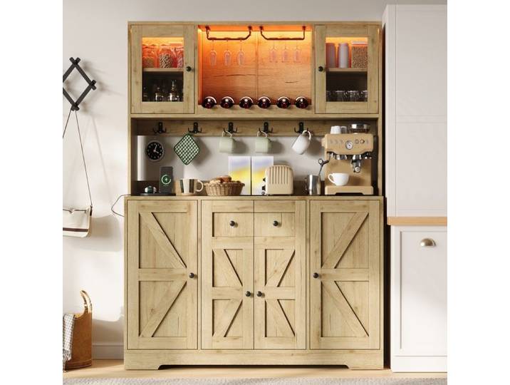 Buffet de Cuisine - 140x40x173 cm - avec Éclairage LED Station de Charge Portes Façon Grange et Range-Bouteilles - Bois Naturel