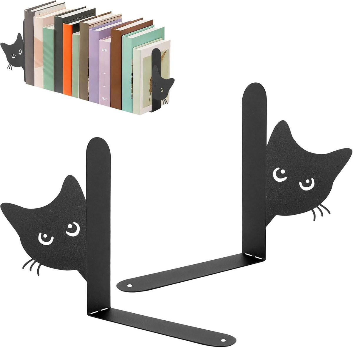 SnelShoppen Set van 2 Zwarte Kat Boeksteunen van Metaal met Antislipmat