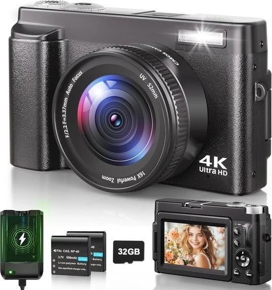 Merkloze 4K digitale camera met 48 megapixels en 16x zoom - Compacte vlogging-camera voor beginners en kinderen