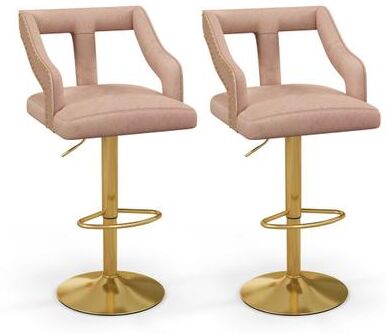 Costway Set of 2 Bar Chairs with Footrest and 2-Layer Electroplated Metal Base-Pink