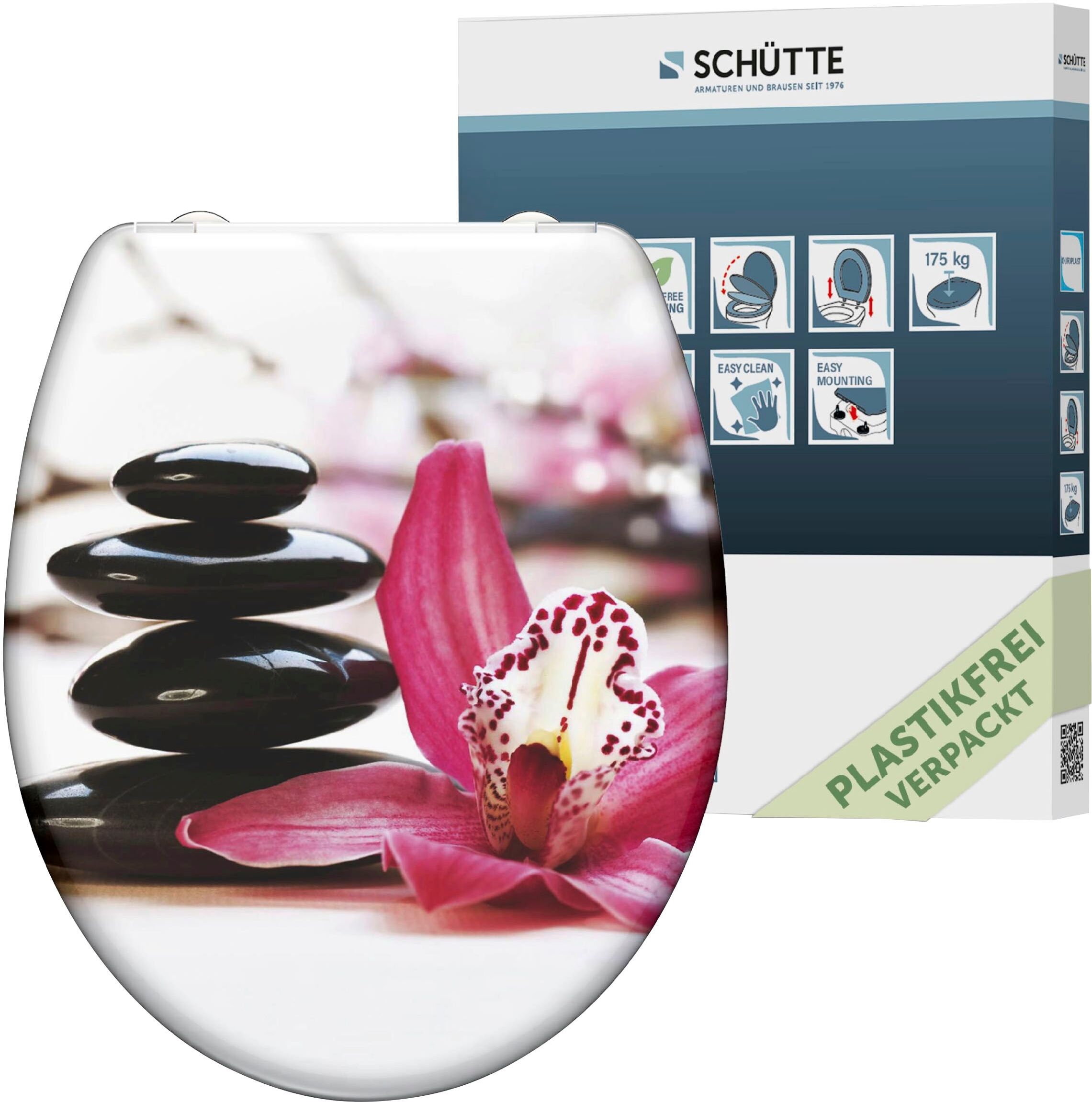 WC-Sitz SCHÜTTE "Wellness", pink (schwarz, weiß, pink), B:375cm L:450cm, Duroplast, WC-Sitze, WC-Sitz, Duroplast, mit Absenkautomatik und Schnellverschluss schwarz, weiß, pink Einheitsgröße
