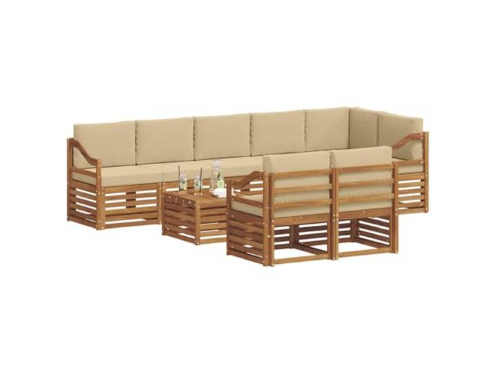 KTHLBRH 9-teiliges Sofaset natur und beige Akazienholz massiv Modular, wiederkonfigurierbar, abnehmbare Kissen, Schaumstoff, Lattenrost-Design, Verwendung im Freien