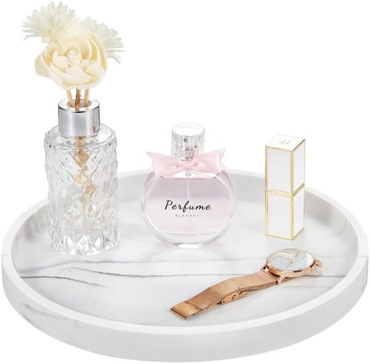 MTTProducts Cosmetic Tray Makeup Organizer - Sand White - Marmerlook - Sieradenopslag voor badkamer en bureau - 27 cm