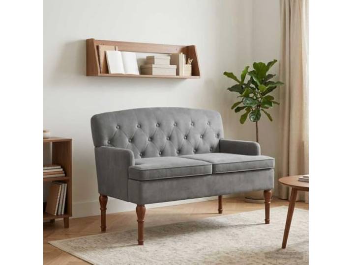 NLQMSU Sofa Love Seat Velours Dunkelgrau Gepolstert Knöpfe Weicher Samt, Knopfpolsterung, abnehmbares Kissen, Struktur aus Holz, Füße aus Kautschukholz gedrechselt
