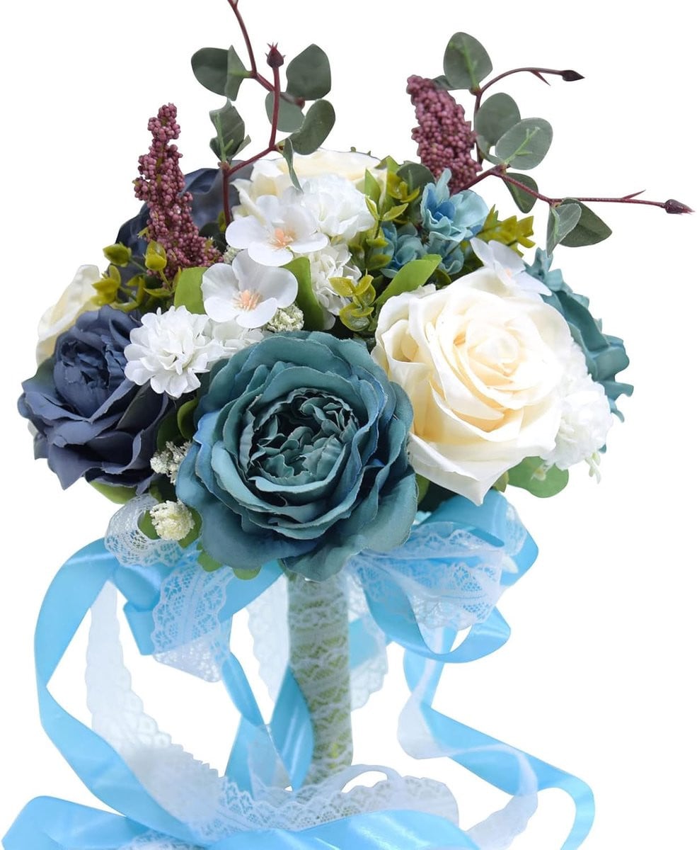 Blauw kunstmatig boeket van zijden bloemen voor bruiloftdecoratie, Diameter: 26 cm