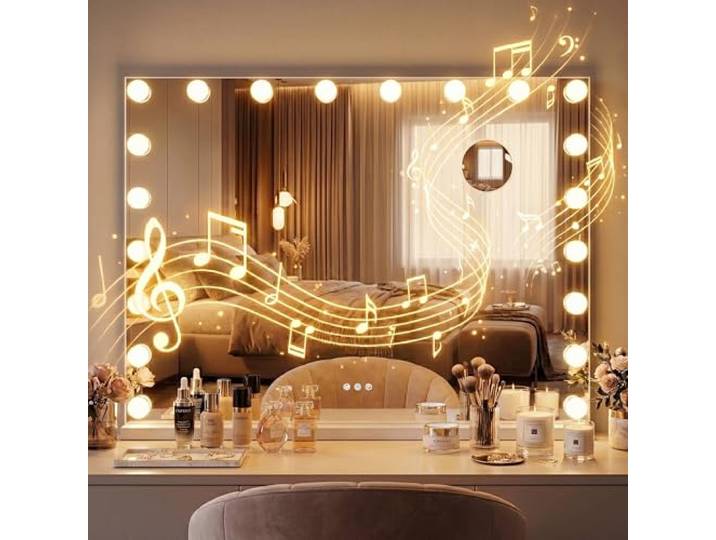 CLP Schminkspiegel mit Beleuchtung 80x60 cm Norlina, Kosmetikspiegel Bluetooth-Lautsprecher USB, Hollywoodspiegel Wandmontage und freistehend, Farbe:weiß, Set-Inhalt:mit Bluetooth