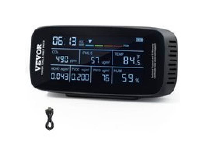 VEVOR Moniteur de qualité d'air 9 en 1, détecteur de CO2, température, humidité, formaldéhyde TVOC AQI, compteur de particules PM2,5 PM10 PM1,0 compteur avec seuils d'alarme pour intérieur, extérieur