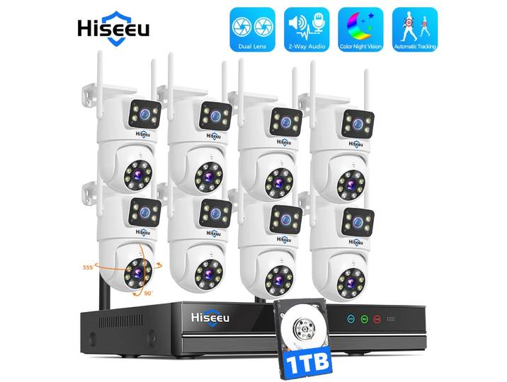 Système de surveillance Hiseeu H.265 10CH NVR 3K 6MP avec caméra IP PTZ intelligente à double objectif, vision nocturne couleur, suivi automatique, système CCTV WiFi