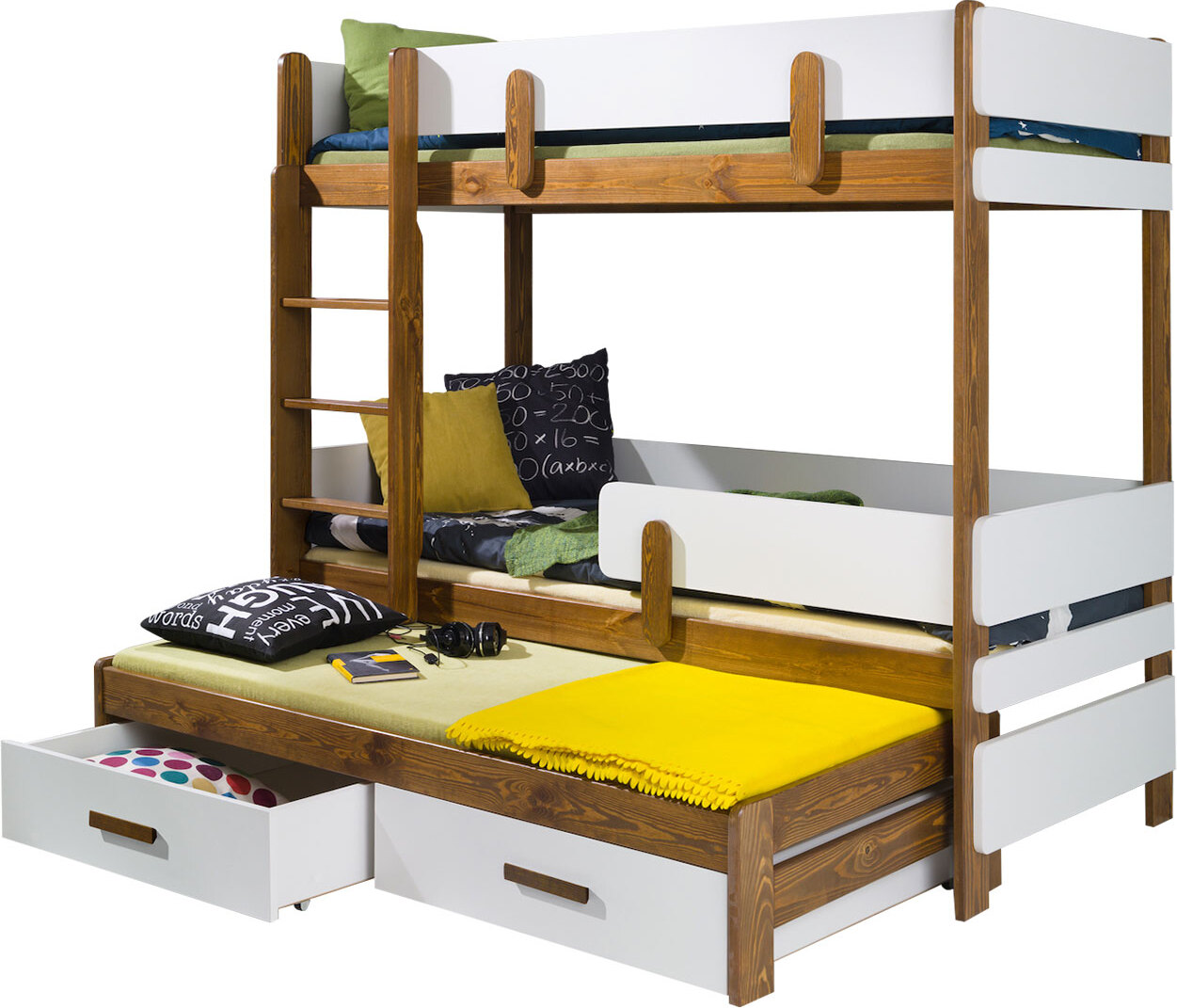 MIRJAN24 Etagenbett Ettore III 80, Jugendbett mit Bettschubladen, Hochbett (Eiche / Weiß, Größe: 80x180, Seite: Links)