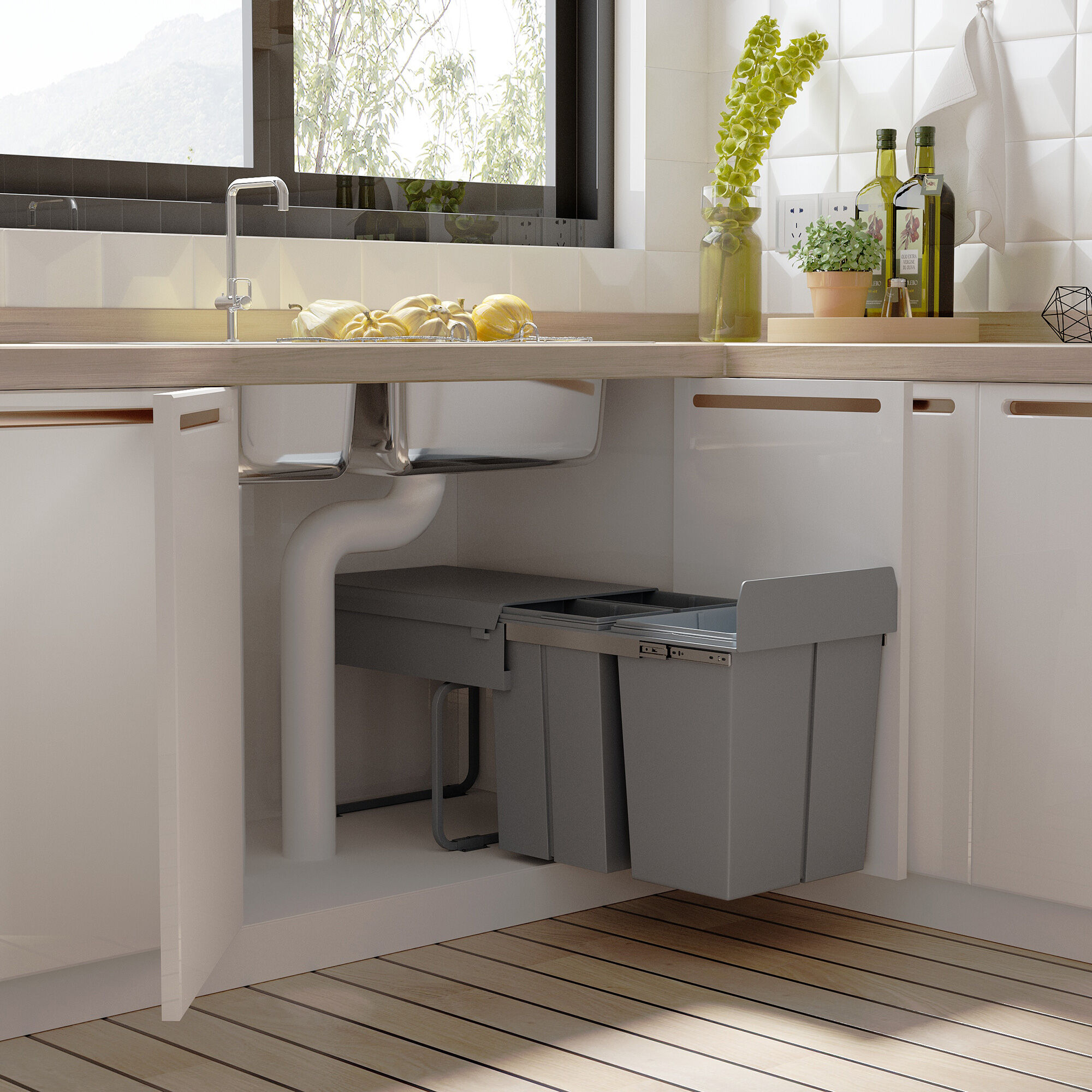 Altro Pattumiera Estraibile Da 40l Con 3 Contenitori Per Raccolta Differenziata, 48x34.2x41.8 Cm, Grigio