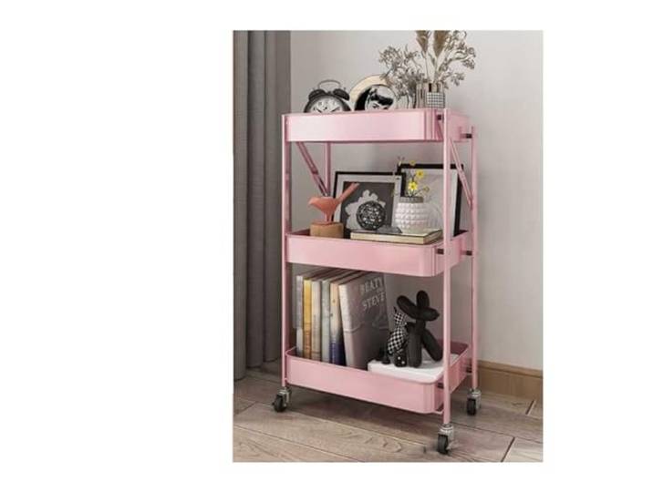 XXAD553TY Essen Beweglicher Klappwagen for die Küche, Lagerregal Mehrschichtiges Bodenlagerregal, Wohnzimmer-Snackregal,(Pink)