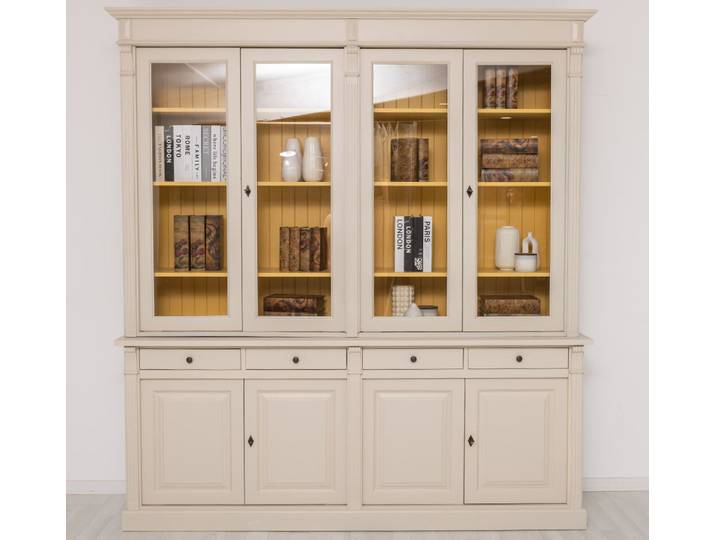 Landhaus Vitrinenschrank mit Schubladen cremegrau + ockergelb