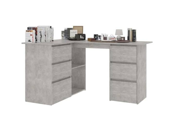 Bureau d'angle - VINGVO - Gris béton - 6 tiroirs - 2 étagères avec portes - 2 étagères sans portes