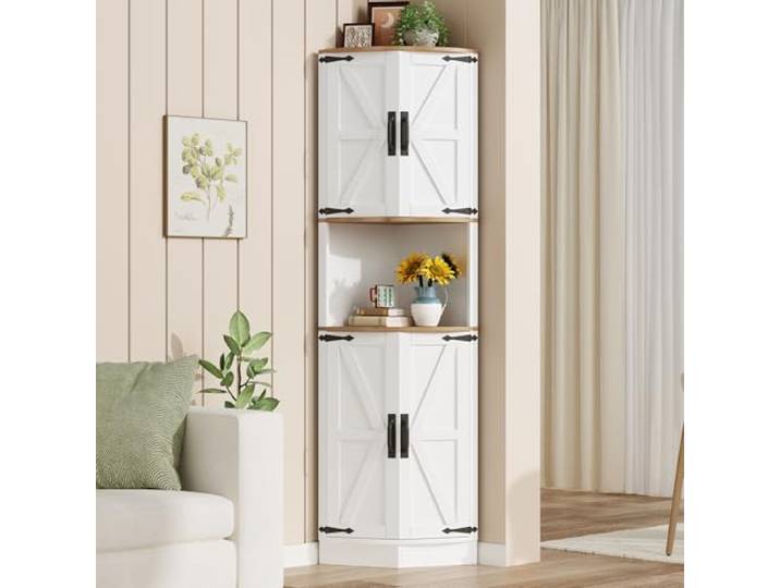 Merax Eckschrank, 180cm Küchenschrank Hoch, Eckregal mit 4 Türen und 5 Ablageflächen, Badezimmerschrank Schmal, Aufbewahrungsschrank Holz, Hochschrank für Küche, Wohnzimmer, Esszimmer, Weiß