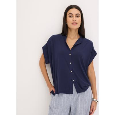 Blusenshirt BONPRIX, Damen, Gr. 40/42 (M), blau (dunkelblau), Obermaterial: 95% Viskose, 5% Elasthan, festlich, lässig geschnitten, Shirts Blusenshirt, aus Viskose, lässige Passform, Kurzarm, ohne Kragen, festlicher Stil
