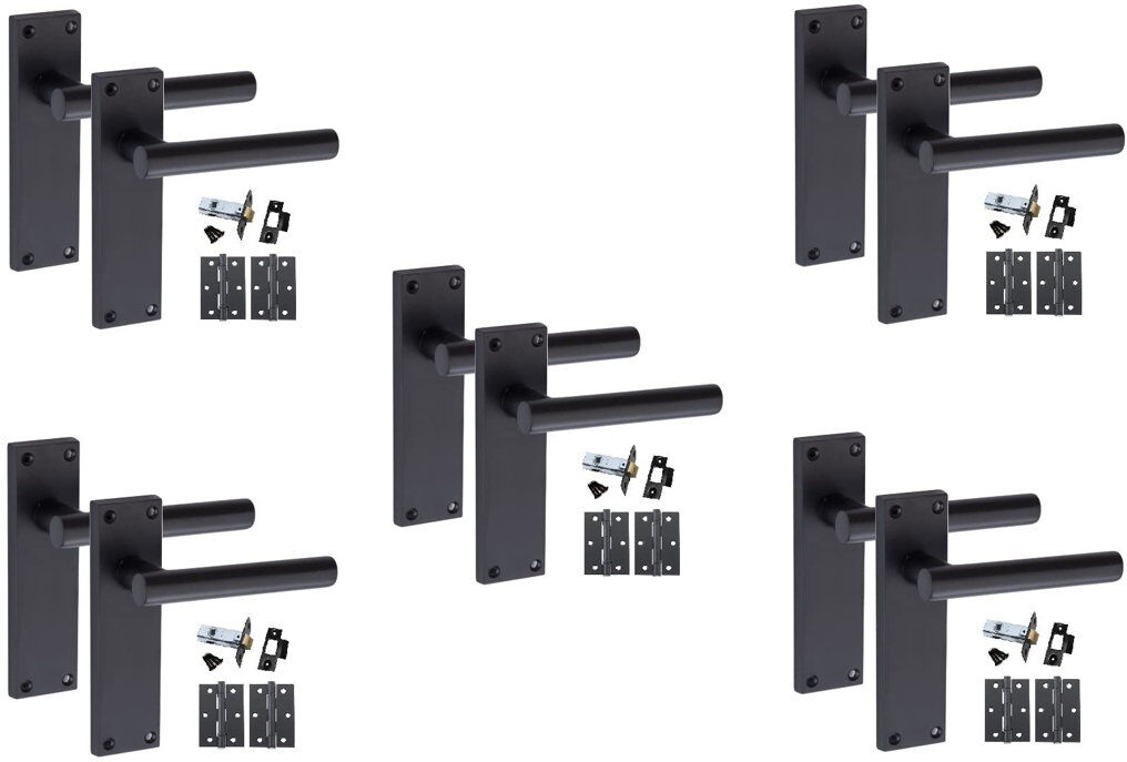 Golden Grace 5 Sets T-Bar Door Handles on Lever Backplate in Matt Black Finish Complete with Latch, Lock and 1 Pair of 3" Ball Bearing Hinges Matte Black 16.5cm W