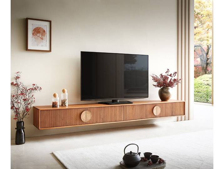 Meuble TV Surimu 240 cm acacia marron clair 4 portes liège poignée flottante