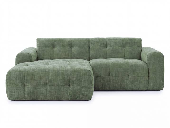 Modernes Ecksofa mit Ottomane links, mit markanten Steppungen, Chenille in Grün / 21040