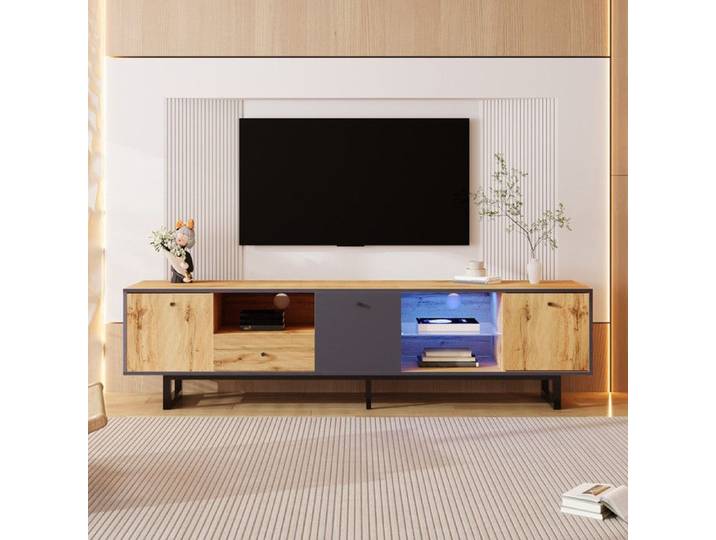 Meuble TV - 190cm - Éclairage LED - 3 Compartiments - Style Industriel - Bois/Gris