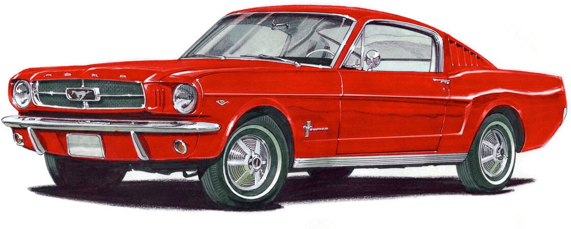 Fototapete PAPERMOON "MUSTANG FASTBACK 1965-VINTAGE AUTO ILLUSTRATION RETRO", bunt, B:4,5m L:2,8m, Vlies, Tapeten, Fototapete bunt B/L: 4,5m x 2,8m, Bahnen: 9 Stk.