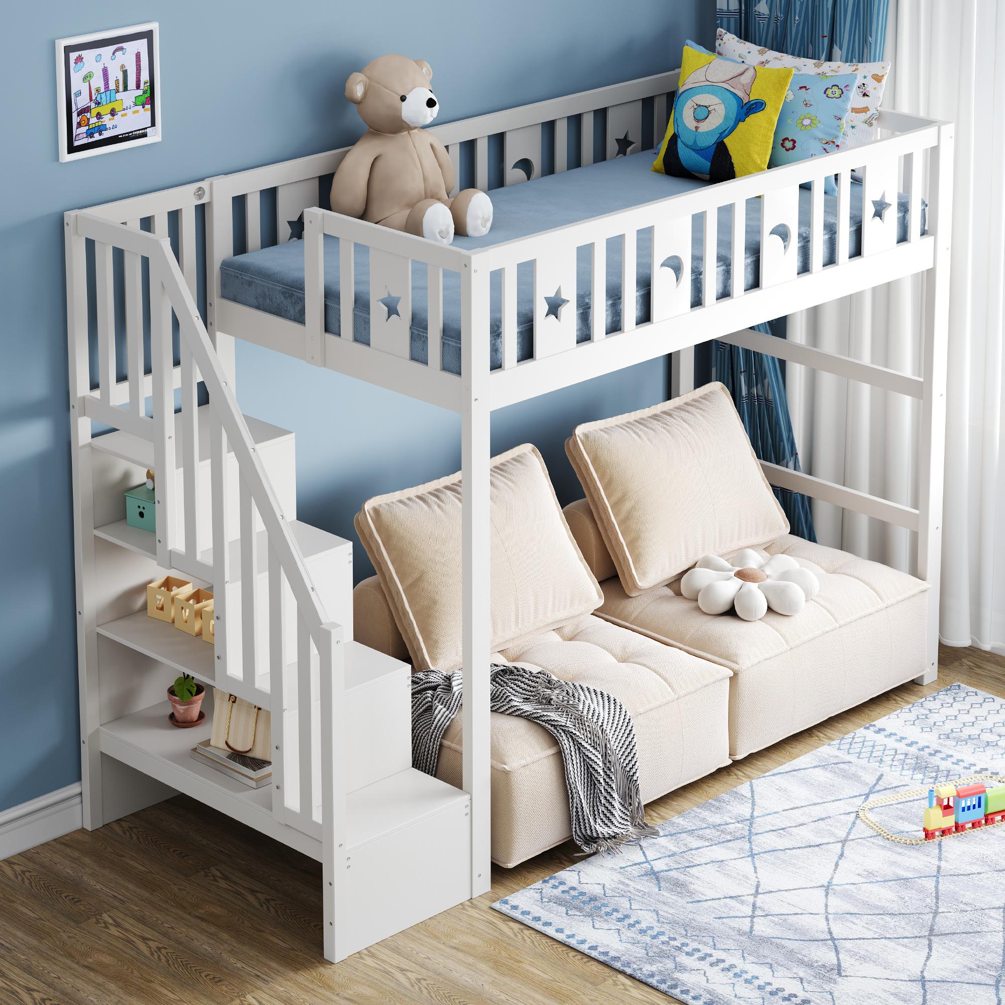 Flieks Etagenbett 90x200cm mit Treppe, Kinderbett mit Rausfallschutz und Lattenrost, Hochbett Einzelbett Stockbett Klassisches Kinderbett, Weiß