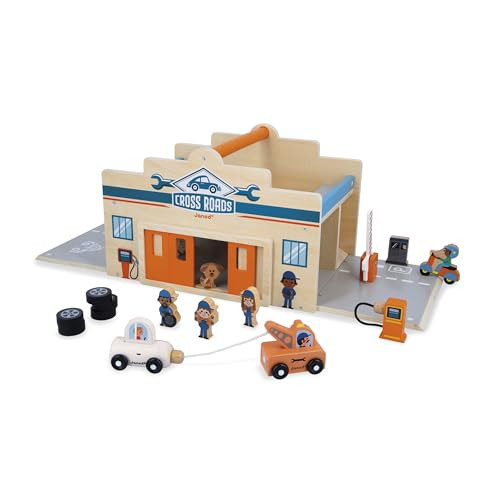 Janod Mijn eerste houten garage voor kinderen met mechanische werkplaats en 15 accessoires