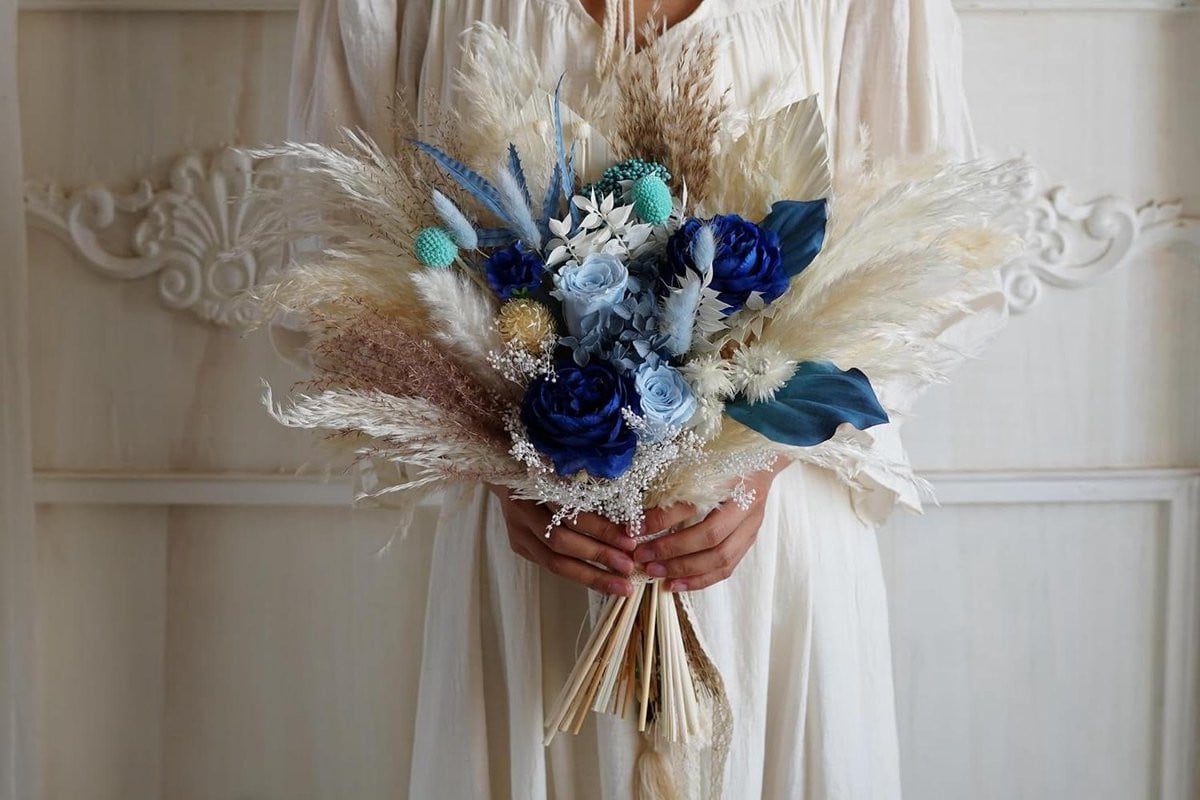 Gedroogde Bloemen Boeket Wit Blauw voor Bruiloft Decoratie