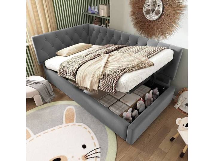 Lit rembourré 90x200cm canapé-lit pliable lit simple avec rangement hydraulique sommier à lattes - velours - gris