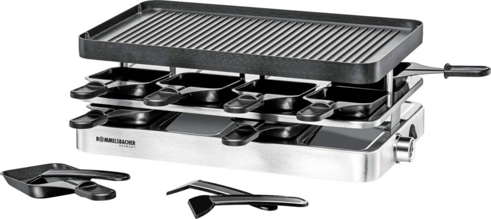Rommelsbacher Raclette Grill RC 1400 met aluminium gietijzeren grillplaat, 1200 Watt, 8 pannetjes en 8 schrapers, Breedte: 37 cm, Diepte: 23 cm